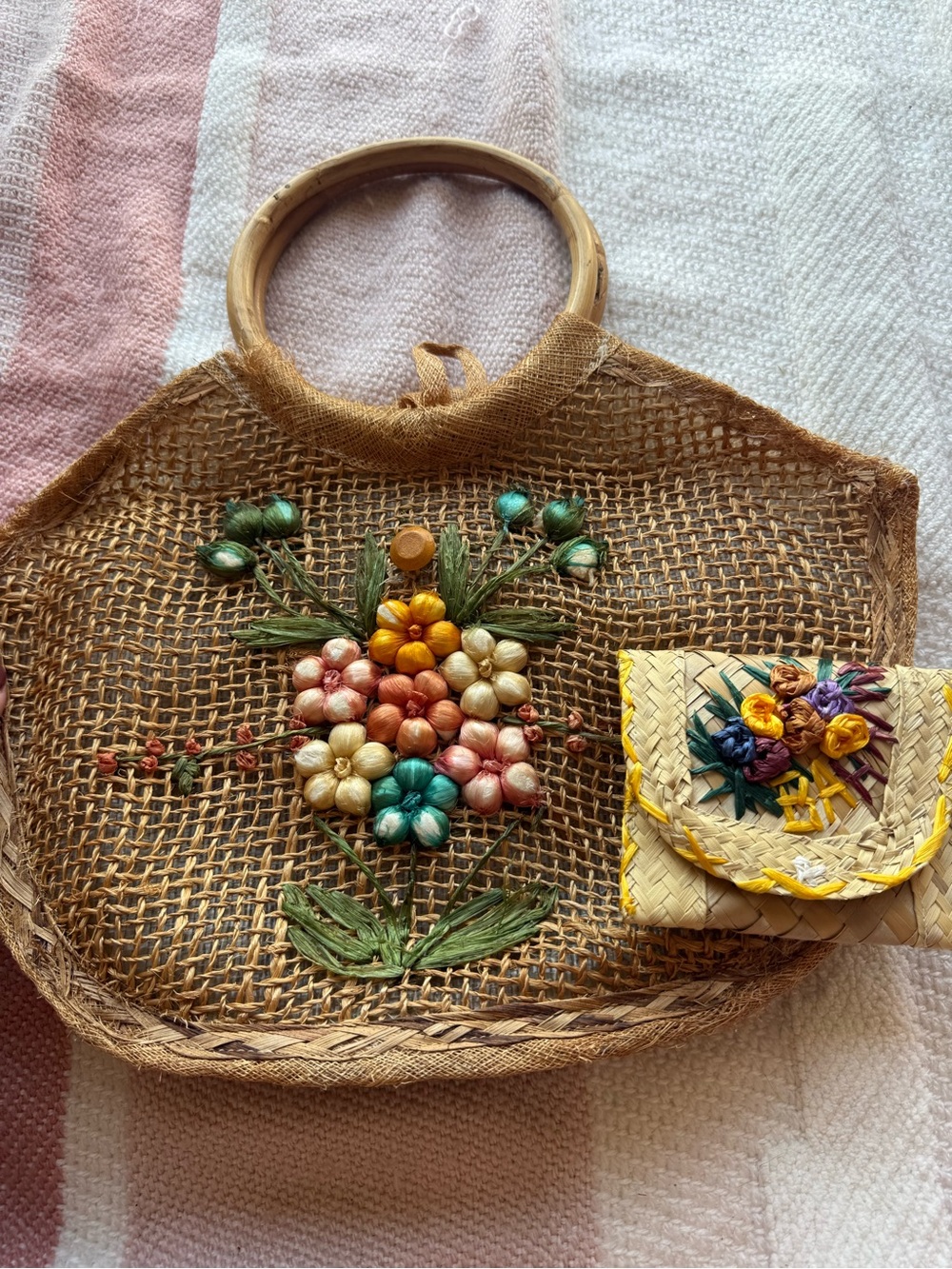 Handcrafted Brown Woven Tote with Multicolor Floral Embroidery